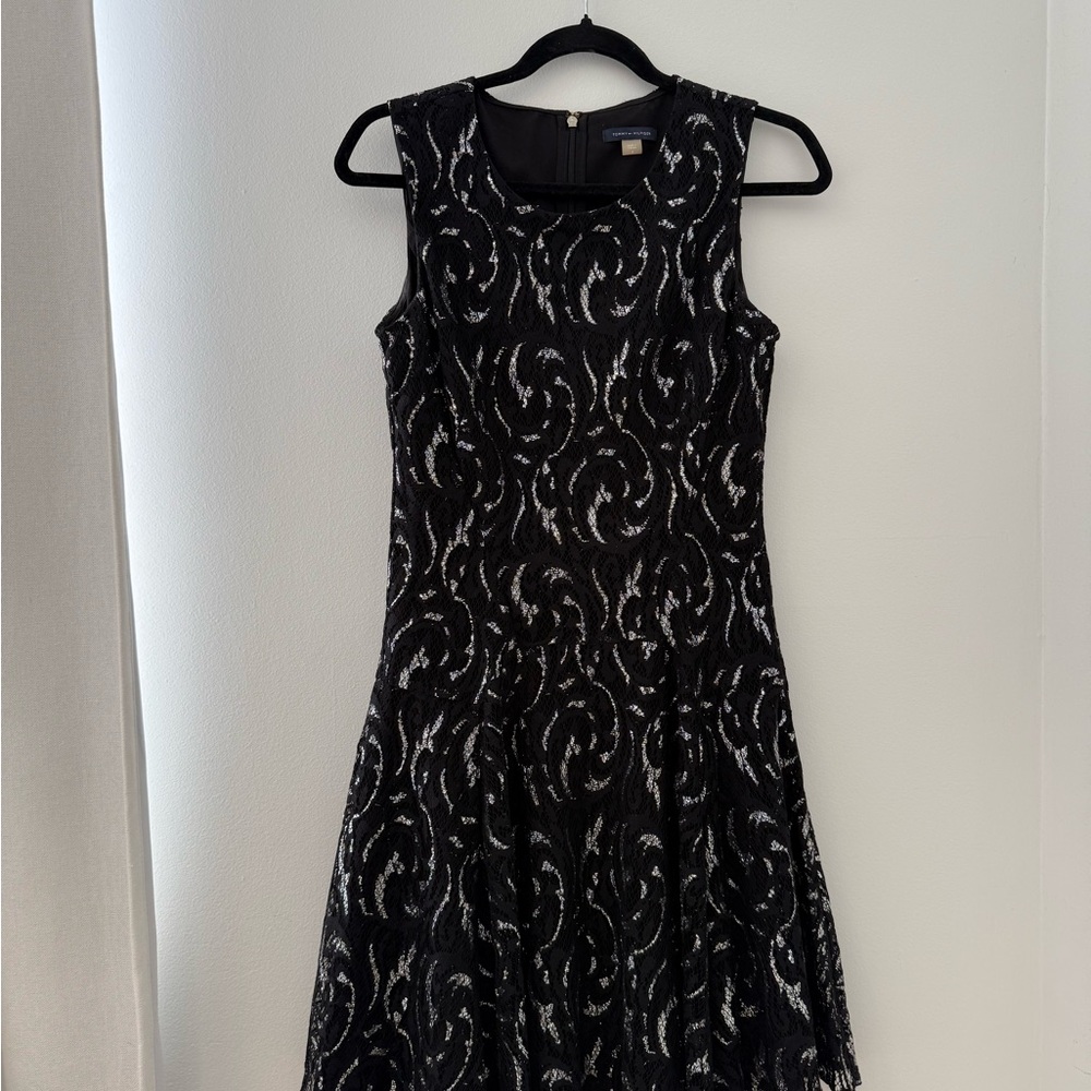 Tommy Hilfiger Black and Silver Fit and Flare Midi Dress